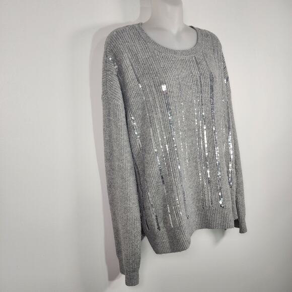 Calvin Klein Women's Sequin Sweater Pullover Gray Ribbed Knit Size Large Holiday - Picture 5 of 11